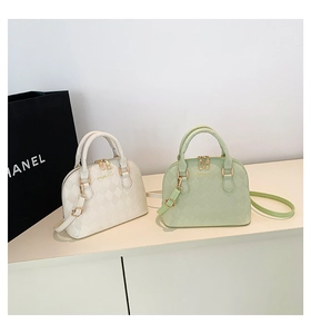 Quilted shell-shaped tote bag in beige and light green with gold-tone hardware
