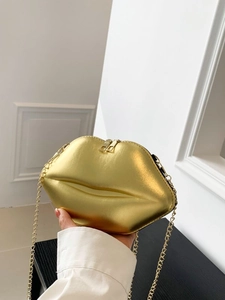 Sac à Épaule en Cuir PU Métallique à la Mode Forme de Lèvre Pour Femmes Or Argent Bleu Noir Sac en Bandoulière Pochette de Fête Avec Chaîne