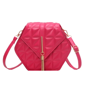 Rose red hexagonal PU leather crossbody bag with geometric quilting and gold tassel charm