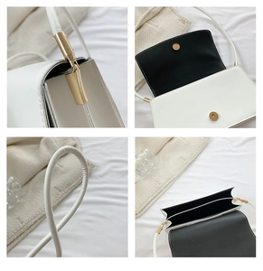 Detailed views of white leather shoulder bag featuring gold hardware and black lining