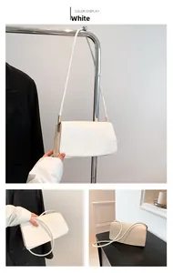 Three-way view of a minimalist white PU leather underarm bag with gold metal hardware