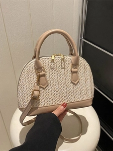 Sac à Épaule Coquille en Paille Tressée pour Femmes Sac à Main de Plage Décontracté Avec Bordure en Cuir PU et Bandoulière
