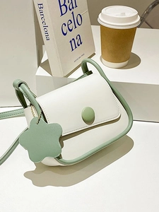 Women Vintage PU Leather Shoulder Bag Fashion Small Square Crossbody Bag With Flower Charm Contrast Piping Commuter Handbag