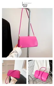 Detailed views of a rose red minimalist leather shoulder bag with sleek metal hardware