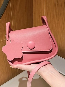 Minimalist bean paste pink PU leather crossbody square bag with a floral pendant charm
