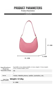Detailed view of pink crescent bag with crocodile texture and exact dimensions listed