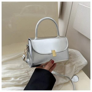 Detail of silver metallic small square bag with golden buckle and top handle