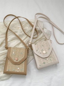 Chic woven lace crossbody bag with floral embroidery in khaki and cream beige