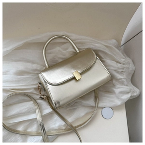 Detail view of champagne gold crossbody bag with metallic finish and square gold clasp