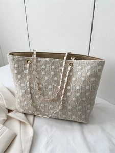 Borsa Tote da Donna in Paglia Intrecciata con Ricamo Floreale Estiva Fresca Tracolla a Catena Grande Capacità Borsa da Spiaggia