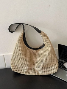Bohemian Straw Woven Shoulder Bag For Women Large Capacity Summer Beach Vacation Tote Handbag With PU Leather Contrast Strap