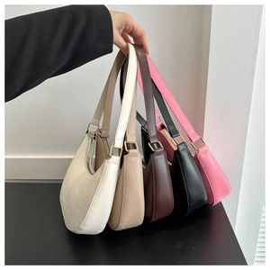 Detailed display of crescent hobo bags in five colors with smooth faux leather texture