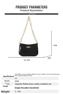 Detailed size chart and technical specifications for the black embossed shoulder bag