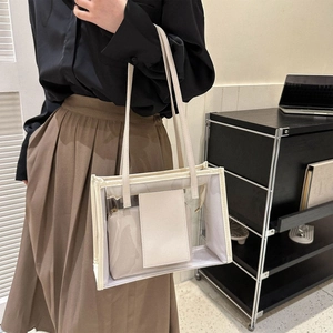 Grand sac fourre-tout transparent en PVC avec bordure en cuir blanc et pochette intérieure