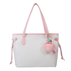 Large capacity white quilted tote bag with pink straps and a cute plush charm