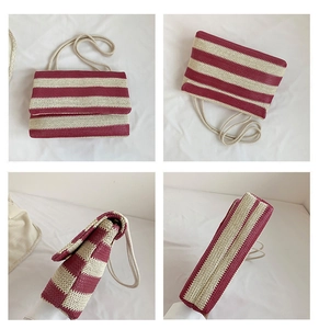 Detailed views of red and white striped woven tote bag showing texture and rope straps