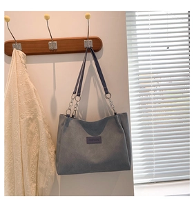 Detail of grey-blue tote bag showing the matte texture and metallic chain shoulder strap