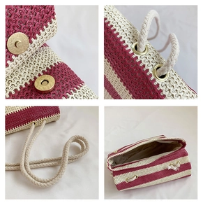 Detail of red striped woven tote showing rope handles, magnetic snap and fabric lining