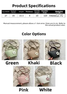 Detailed size guide and color display for minimalist PU bucket bags with flower charm