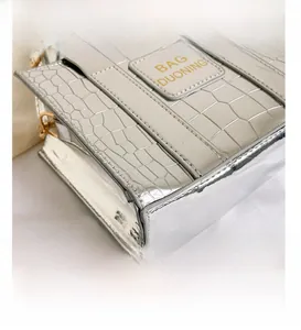 Detailed macro view of silver crocodile embossed handbag texture and metal logo