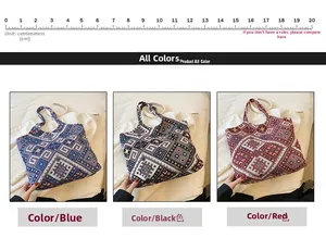Three canvas tote bags with ethnic geometric patterns in blue, black, and red colors