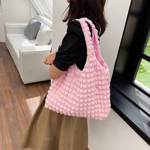 Pink popcorn texture shoulder bag with high capacity and minimalist ruched design for women