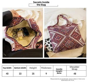 Ethnic woven tote bag dimensions with detailed size chart for large shoulder handbag