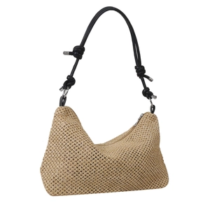 Sac à épaule en paille avec bandoulière noire nouée et fermeture éclair