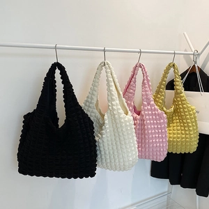 Women Popcorn Textured Tote Bag Large Capacity Casual Pleated Fabric Shoulder Bag Soft Cloud Handbag For Travel Daily Shopping