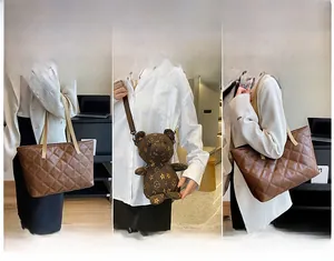 Detail showing deep brown quilted tote and monogram bear bag in three wearing styles