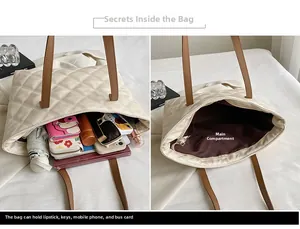 Detail of spacious beige quilted tote interior showing storage for phone and cosmetics