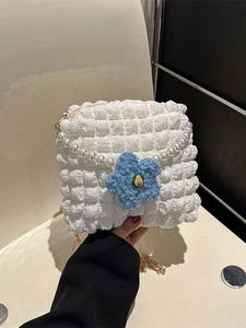 Women Sweet Bubble Pleated Tote Bag With Artificial Pearl Handle Metal Chain Fuzzy Flower Decor Small Fresh Shoulder Crossbody Bag