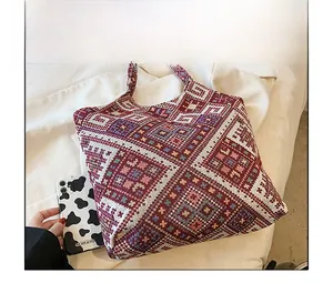 Detailed view of the large capacity woven tote bag with colorful ethnic geometric patterns