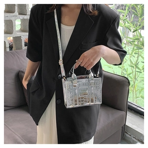 Silver mini handbag with crocodile pattern texture and adjustable strap in street style