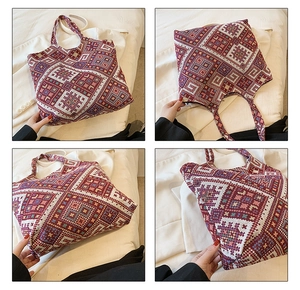 Detailed views of ethnic geometric jacquard tote bag with multi-color woven fabric