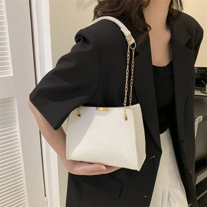 White croc-effect faux leather crossbody bag with gold chain strap for women