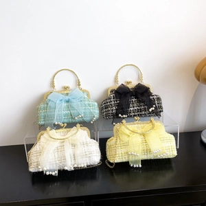 Fashionable tweed chain handbags with mesh bows and pearl charms in four colors