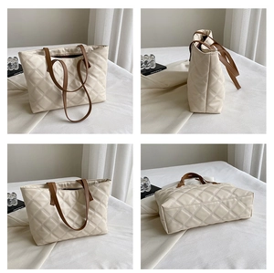 Detailed views of a beige quilted tote bag with brown straps from multiple angles