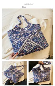 Detail of blue geometric woven tote bag showing cotton-linen texture and patterns