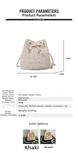 Detailed size chart for the woven daisy bucket bag with dimensions and specifications