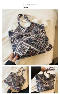 Detailed view of black ethnic tote bag with geometric patterns and shoulder strap