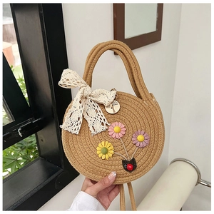 Détail du sac à main rond en paille avec fleurs brodées et nœud en dentelle blanche