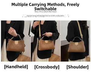 Brown quilted tote bag showing three ways to wear: handbag, shoulder, and crossbody styles