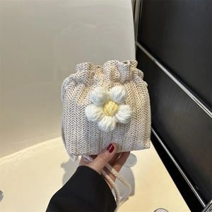 Fresh Handmade Straw Woven 3D Flower Bucket Bag For Women Fashion Drawstring Shoulder Crossbody Bag Summer Beach Mini Handbag