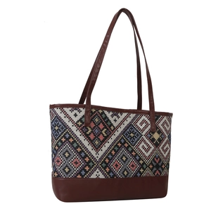 Ethnic style large capacity geometric woven tote bag with brown leather handles