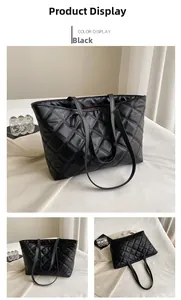 Detail of black quilted leather tote bag with elegant diamond pattern and large capacity
