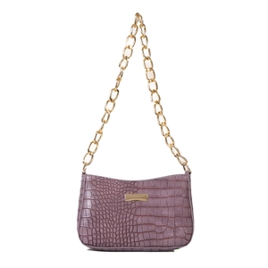 Purple faux crocodile skin baguette shoulder bag with chunky gold chain strap for women