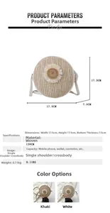 Spécifications de taille pour sac rond tressé montrant les dimensions et la bandoulière