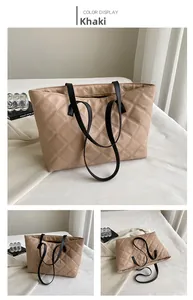 Detailed views of khaki quilted tote bag featuring black handles and diamond stitching