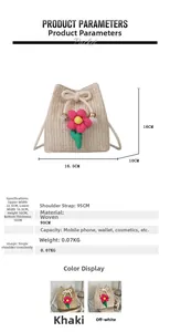 Detailed size specifications for woven straw bucket bag with floral accent and dimensions